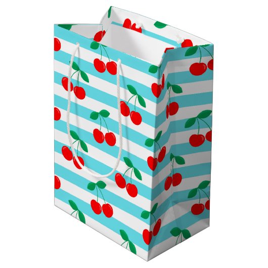 Cherry Stripe Pattern – Retro Fruit Gift & Decor ミディアムペーパーバッグ (裏面アングル)