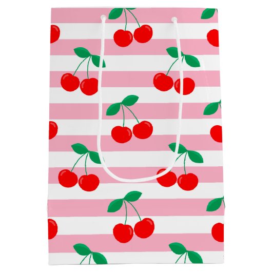 Cherry Stripe Pattern – Retro Fruit Gift & Decor ミディアムペーパーバッグ (裏面)