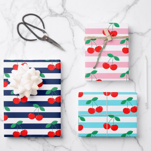 Cherry Stripe Pattern – Retro Fruit Gift & Decor ラッピングペーパーシート (正面)