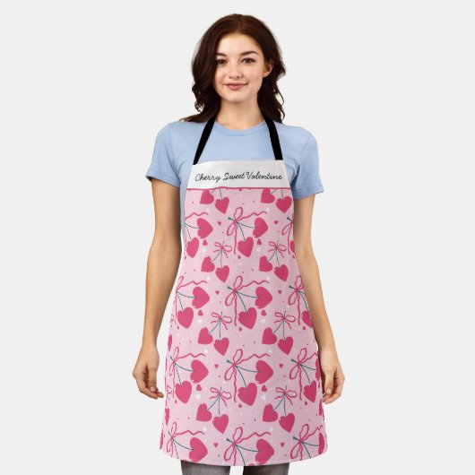Cherry Sweet Valentine Apron | Editable Cute Cherr エプロン (着用した状態)