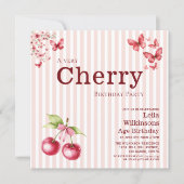 Cherry themed Butterflies Pink Stripes Birthday 招待状 (正面)