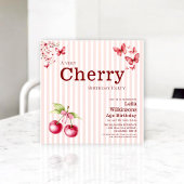 Cherry themed Butterflies Pink Stripes Birthday 招待状