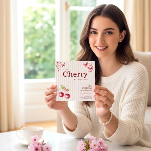 Cherry themed Butterflies Pink Stripes Birthday 招待状