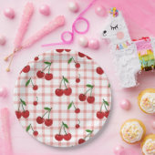 Cherry Themed Paper Plate Set with Pink Checkered ペーパープレート (パーティー)