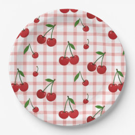 Cherry Themed Paper Plate Set with Pink Checkered ペーパープレート