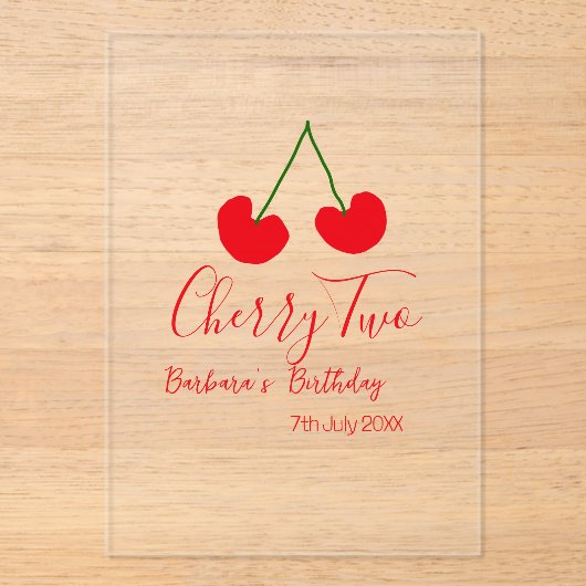 Cherry two 2nd birthday red cherry kids simple  アクリル招待状 (正面)