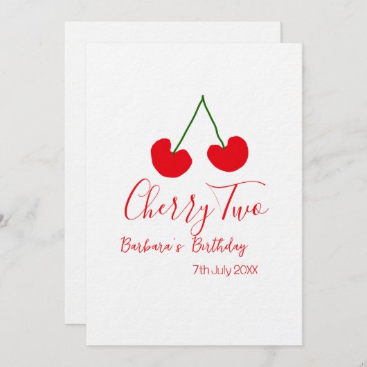 Cherry two 2nd birthday red cherry kids simple 招待状 (正面/裏面)