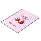 Cherry with Cute Pink Bow on Gingham Custom Name ノートブック (左側)