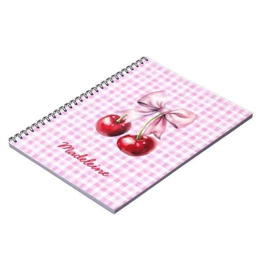 Cherry with Cute Pink Bow on Gingham Custom Name ノートブック (左側)