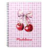 Cherry with Cute Pink Bow on Gingham Custom Name ノートブック (正面)