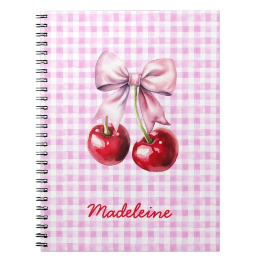 Cherry with Cute Pink Bow on Gingham Custom Name ノートブック (正面)