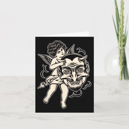 CherubとSatan Tattoo伝統的 Blackwork カード (正面)