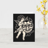 CherubとSatan Tattoo伝統的 Blackwork カード (黄色い花)