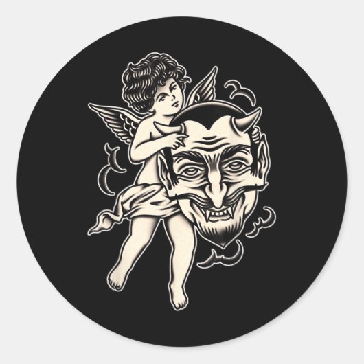CherubとSatan Tattoo伝統的 Blackwork ラウンドシール (正面)