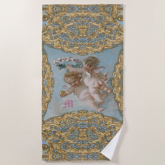 Cherubs at 遊 Baroque Monogram ビーチタオル (正面)