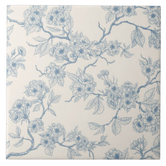 Chery blossom branches in blue and off white タイル