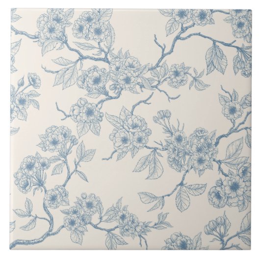 Chery blossom branches in blue and off white タイル (正面)