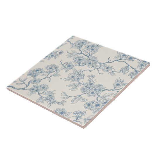 Chery blossom branches in blue and off white タイル (側面)