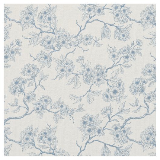 Chery blossom branches in blue and off white ファブリック (クローズアップ)