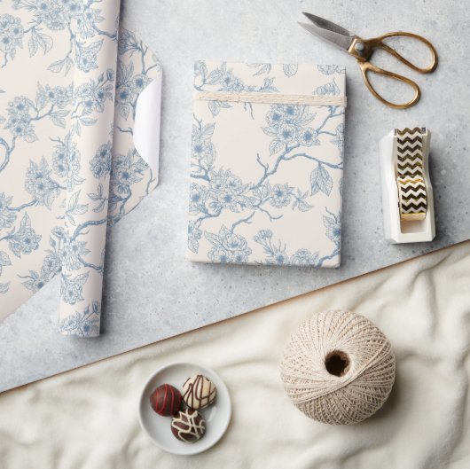 Chery blossom branches in blue and off white ラッピングペーパー (クラフト)