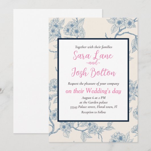 Chery blossom branches in blue and off white 招待状 (正面/裏面)