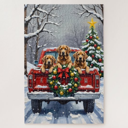 Chesapeake Bay Retriever Christmas Red Truck ジグソーパズル (縦)