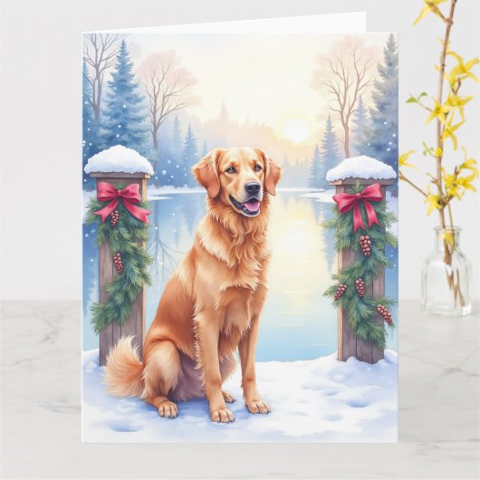 Chesapeake Bay Retriever Winter Lakeside Christmas カード (黄色い花)