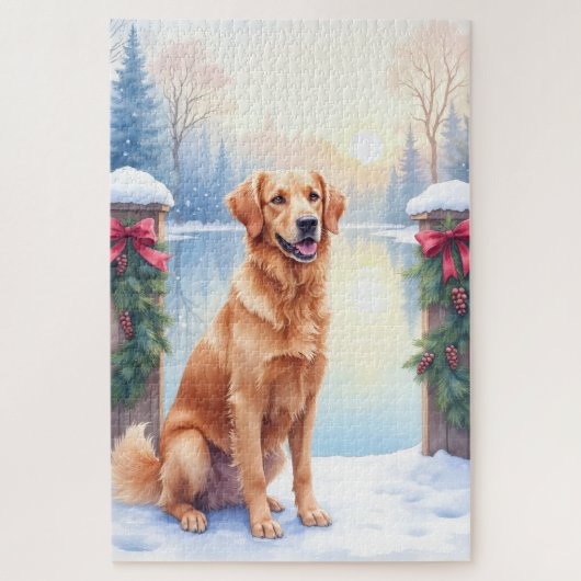 Chesapeake Bay Retriever Winter Lakeside Christmas ジグソーパズル (縦)