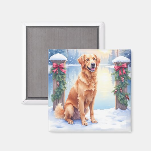 Chesapeake Bay Retriever Winter Lakeside Christmas マグネット (正面/裏面)