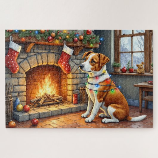 Chesapeake Bay Terrier Fireplace Christmas Lights ジグソーパズル (横)