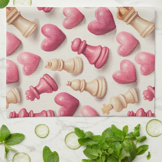 Chess & Hearts Valentines Pattern キッチンタオル (折り畳み)