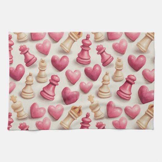 Chess & Hearts Valentines Pattern キッチンタオル (横)