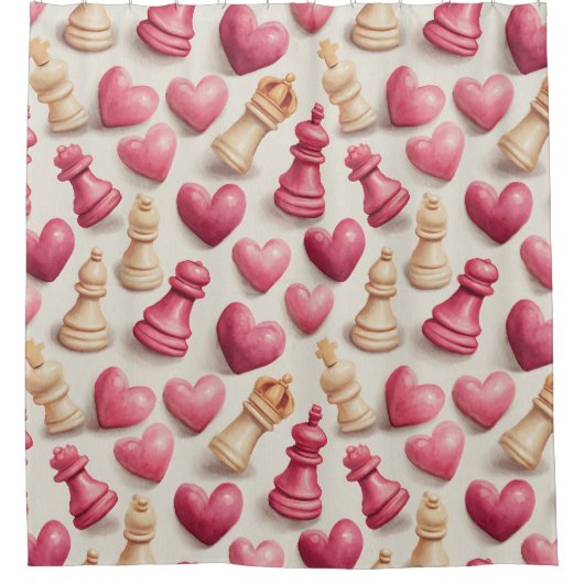 Chess & Hearts Valentines Pattern シャワーカーテン (正面)