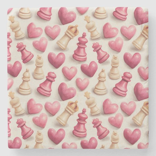 Chess & Hearts Valentines Pattern ストーンコースター (正面)
