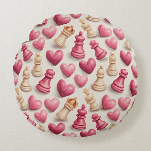 Chess & Hearts Valentines Pattern ラウンドクッション (正面)