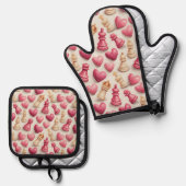 Chess & Hearts Valentines Pattern 鍋つかみ&鍋敷きセット (正面/裏面)