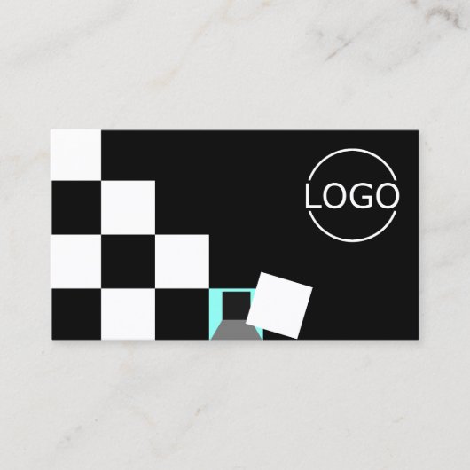 Chessboard白黒ティール(緑がかった色)(ロゴと写真) 名刺 (正面)