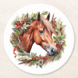Chestnut Horse Christmas Wreath Paper Coasters ラウンドペーパーコースター