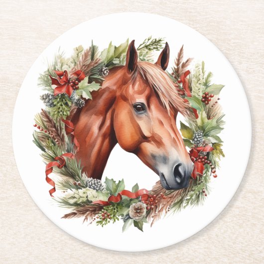 Chestnut Horse Christmas Wreath Paper Coasters ラウンドペーパーコースター (正面)