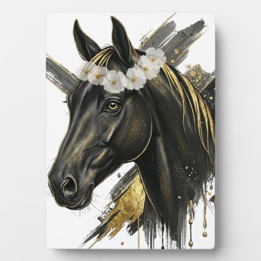 Cheval Noir Doré Couronne Florale – Art Équestre L フォトプラーク (正面)