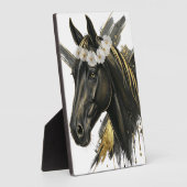 Cheval Noir Doré Couronne Florale – Art Équestre L フォトプラーク (側面)
