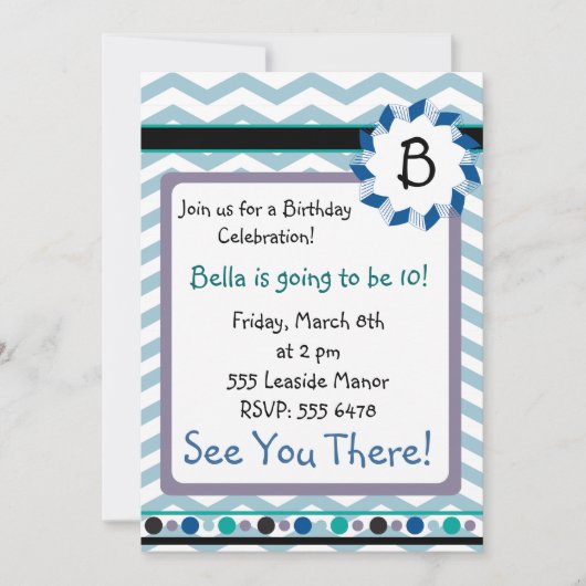 Cheveron Monogramカード(青、ティール（緑がかった色）、灰色) 招待状 (正面)