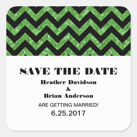 Chevronグリッター日付の保存ステッカー、緑 スクエアシール (正面)