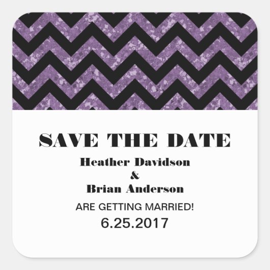 Chevronグリッター日付ステッカー、紫を保存 スクエアシール (正面)