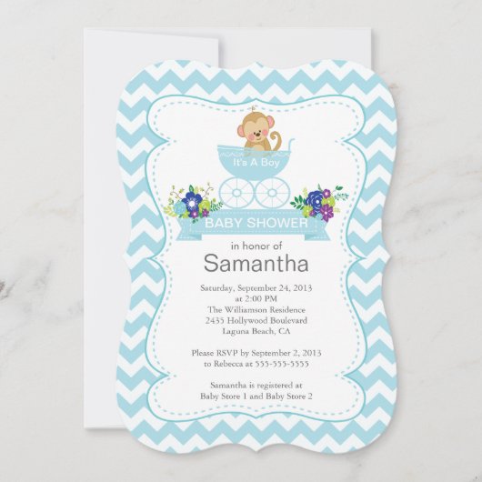 Chevron Monkey In Carriage Boys Baby Shower 招待状 (正面)
