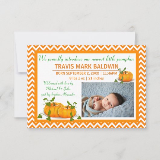 Chevron Photo Pumpkin - 3x5生誕発表 案内状 (正面)