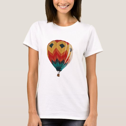 "Chevron Sky: Vibrant Hot Air Balloon in Flight Tシャツ (正面)