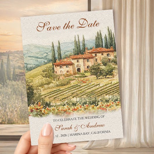 Chianti Vineyard Watercolor Wedding Save the Date  マグネット招待状