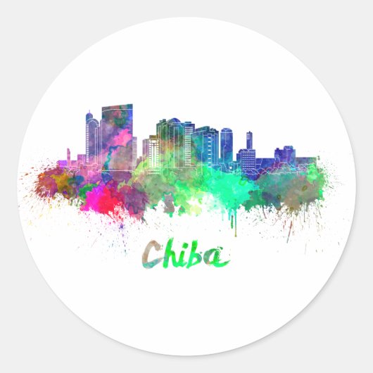 Chiba skyline in watercolor ラウンドシール (正面)