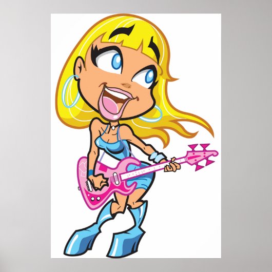 Chibi Blonde Girl Rocker Playing Pink Bass Guitar ポスター (正面)